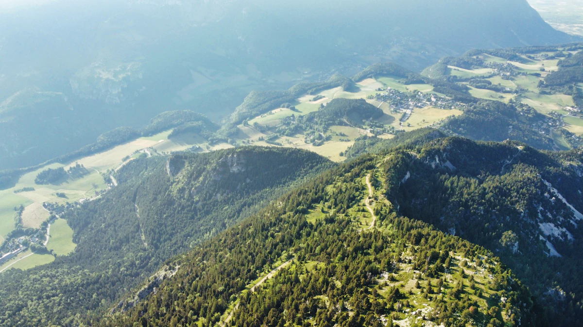 Forested ridges and green meadows around Saint-Nizier-du-Moucherotte, seen from the air