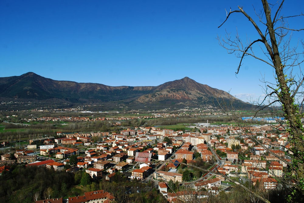 a view of a city with mountains in the background