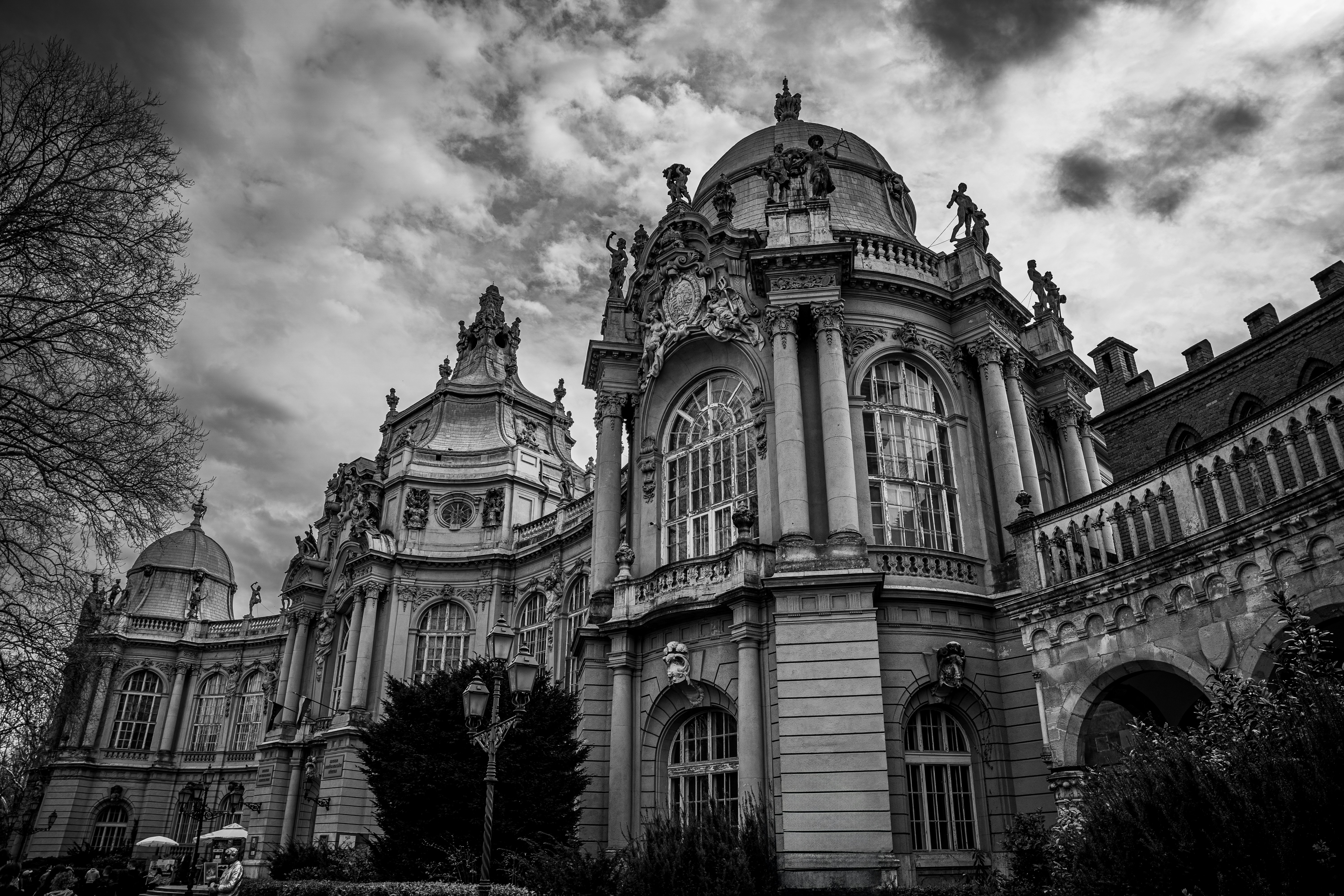 a black and white photo of a large building