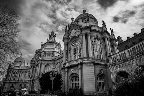 a black and white photo of a large building
