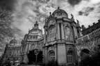 a black and white photo of a large building