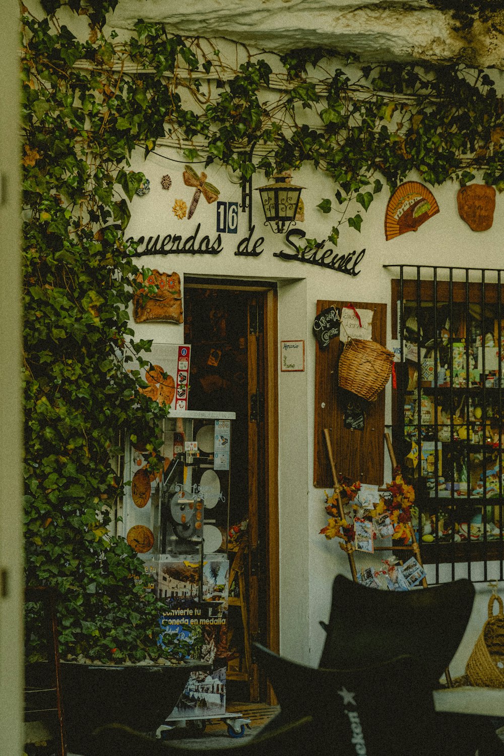 a store front with ivy growing up the side of it