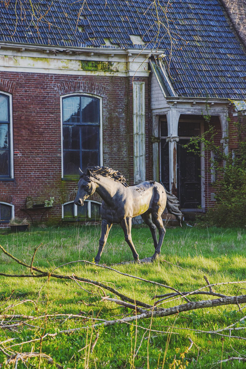 a horse running in the grass in front of a house
