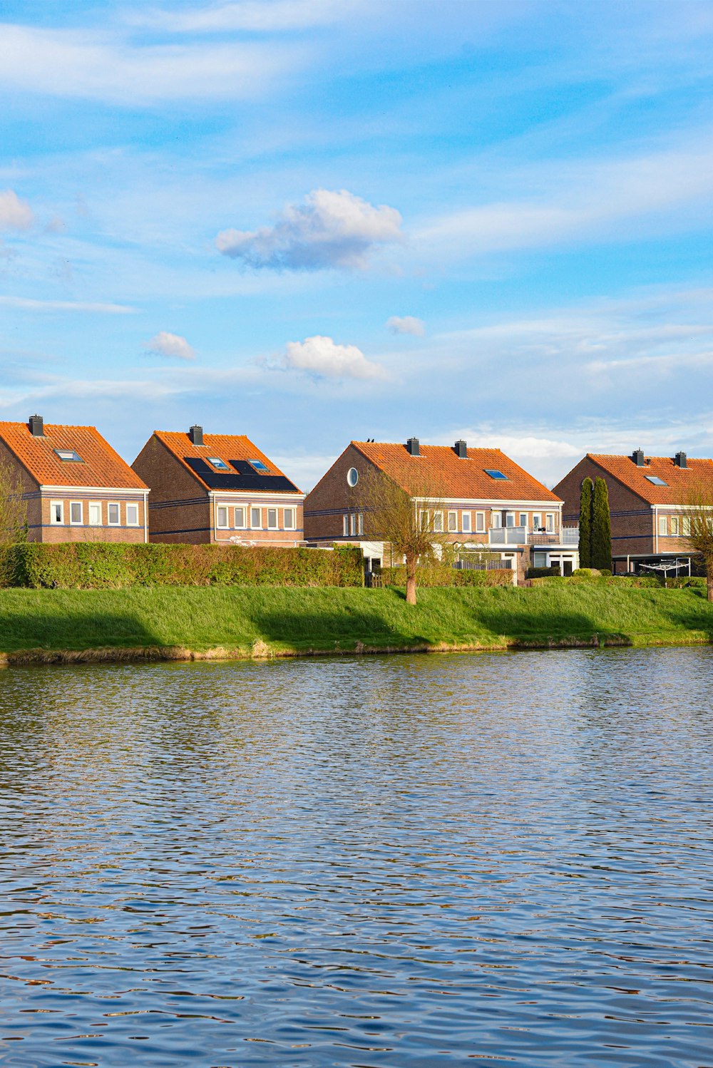 a row of houses next to a body of water