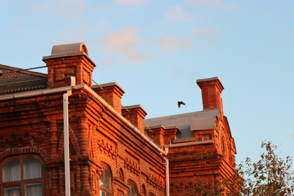 a brick building with a bird sitting on top of it