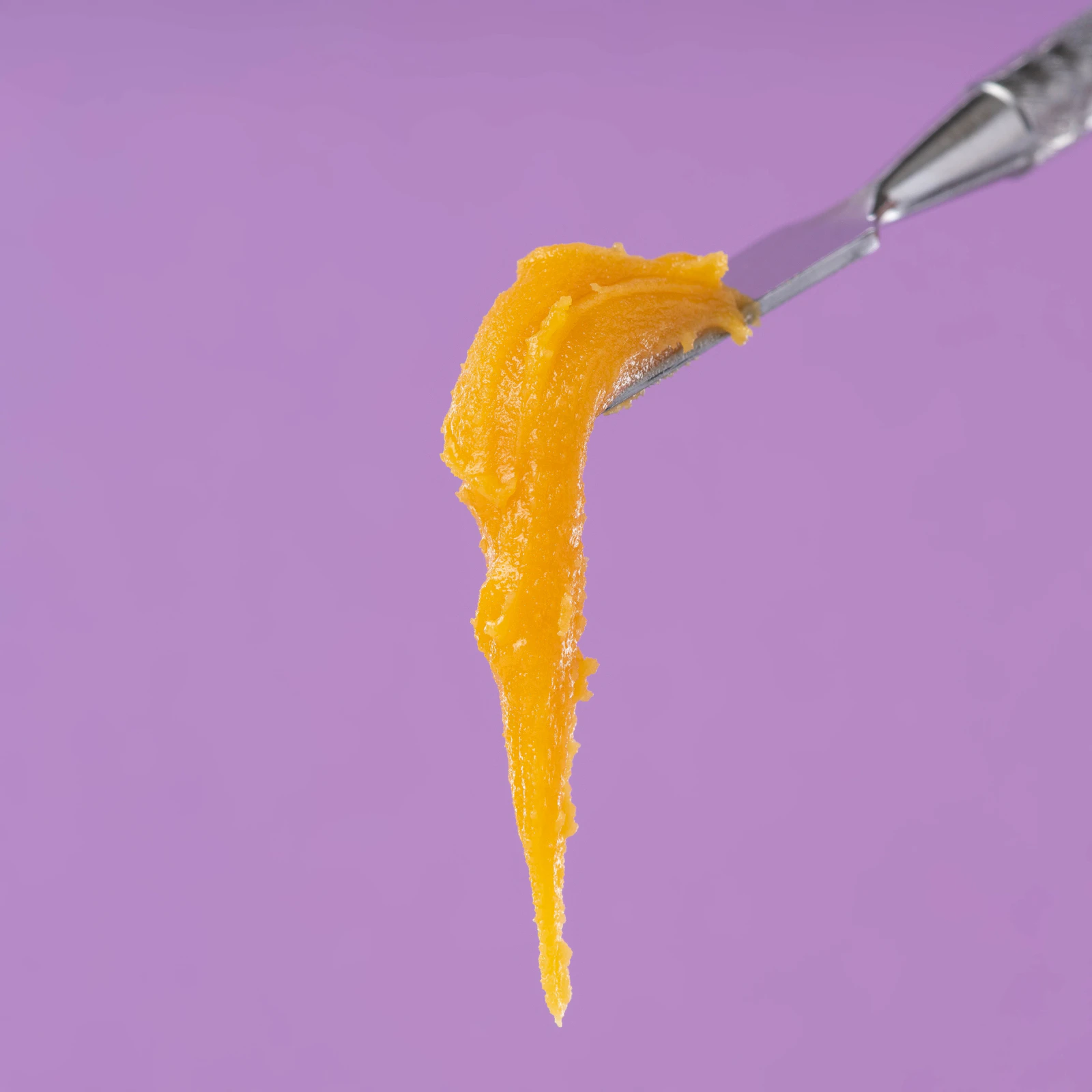 Golden cannabis rosin badder held on a stainless steel dab tool