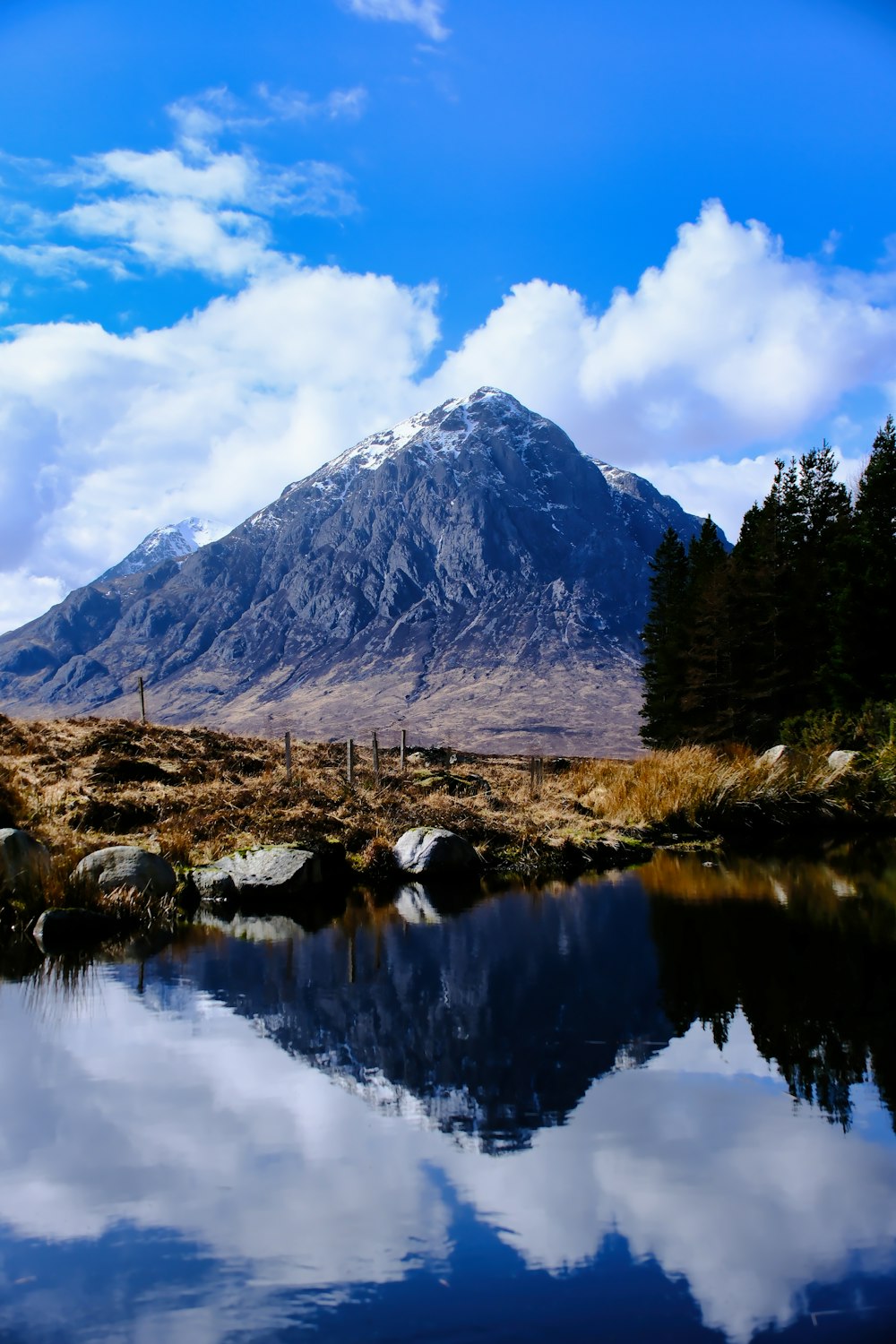 a mountain is reflected in the still water of a lake