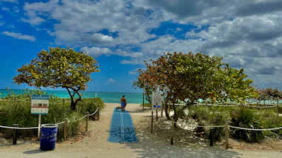 a person sitting on a bench on a beach