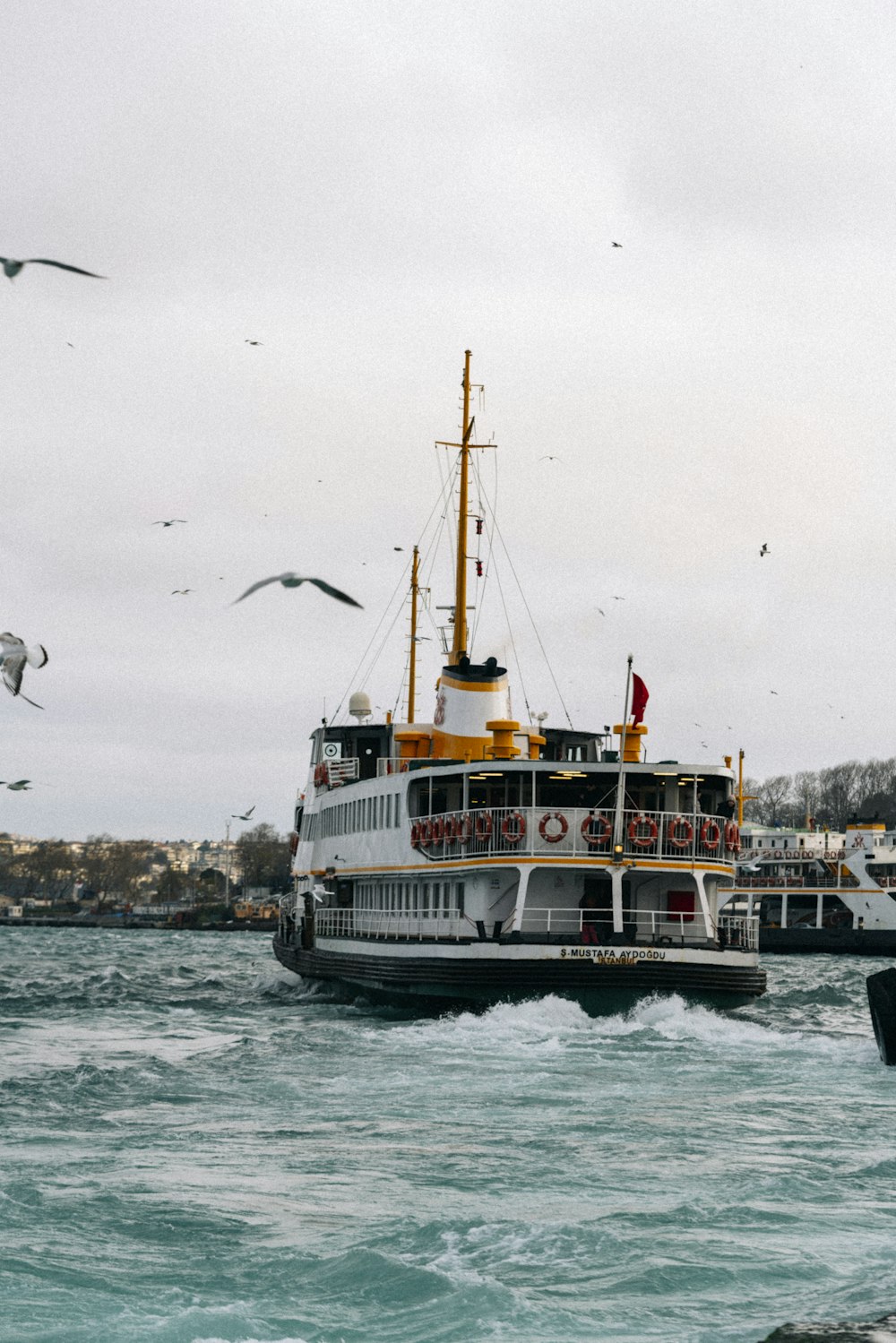 a large boat in the water with seagulls flying around