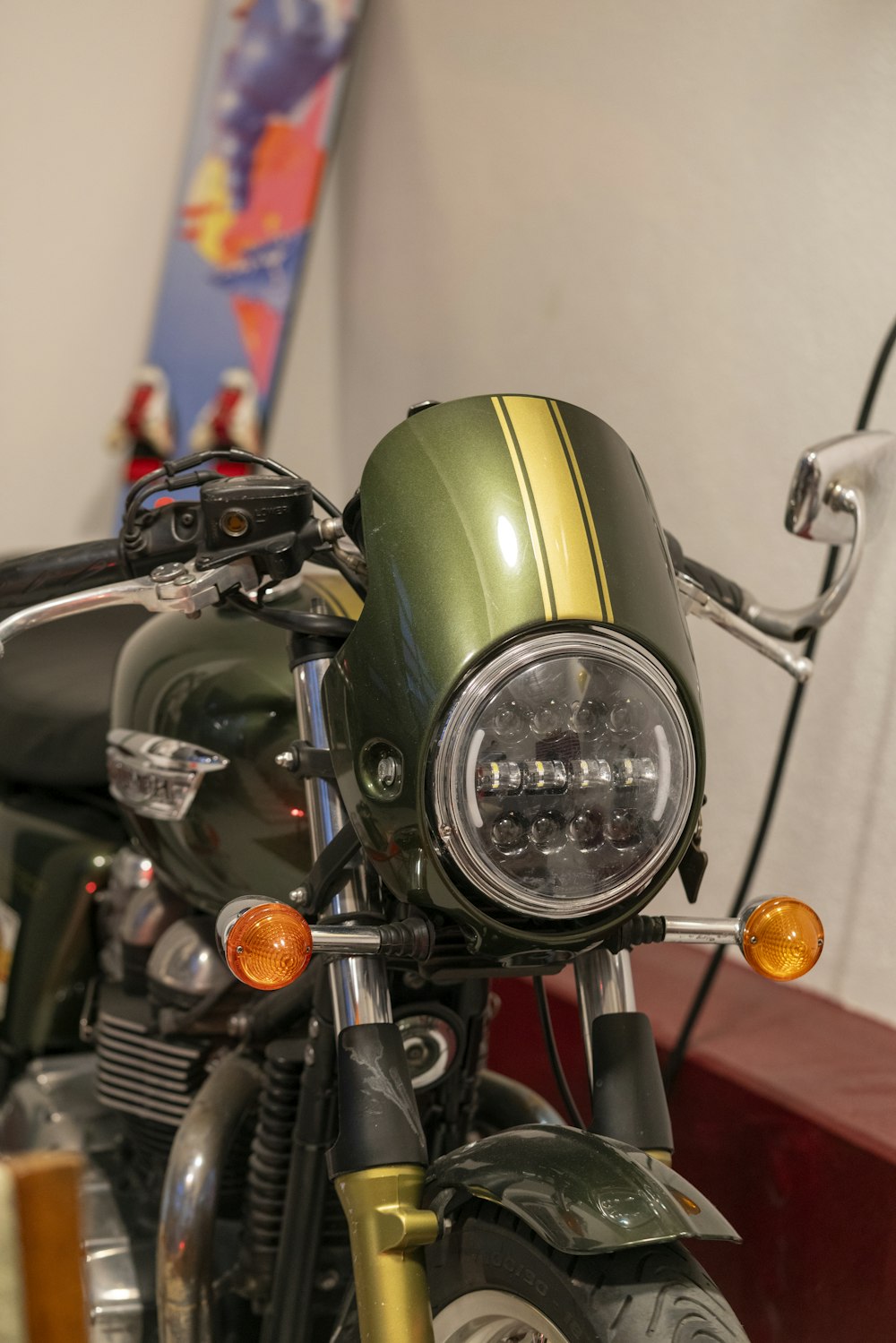 a close up of a motorcycle parked in a room