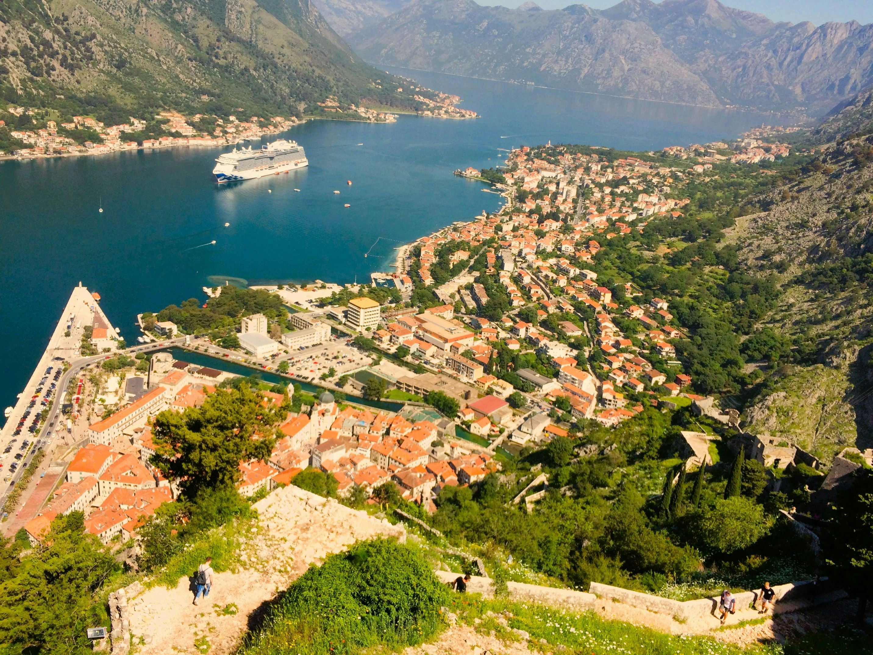 an aerial view of a town and a body of water