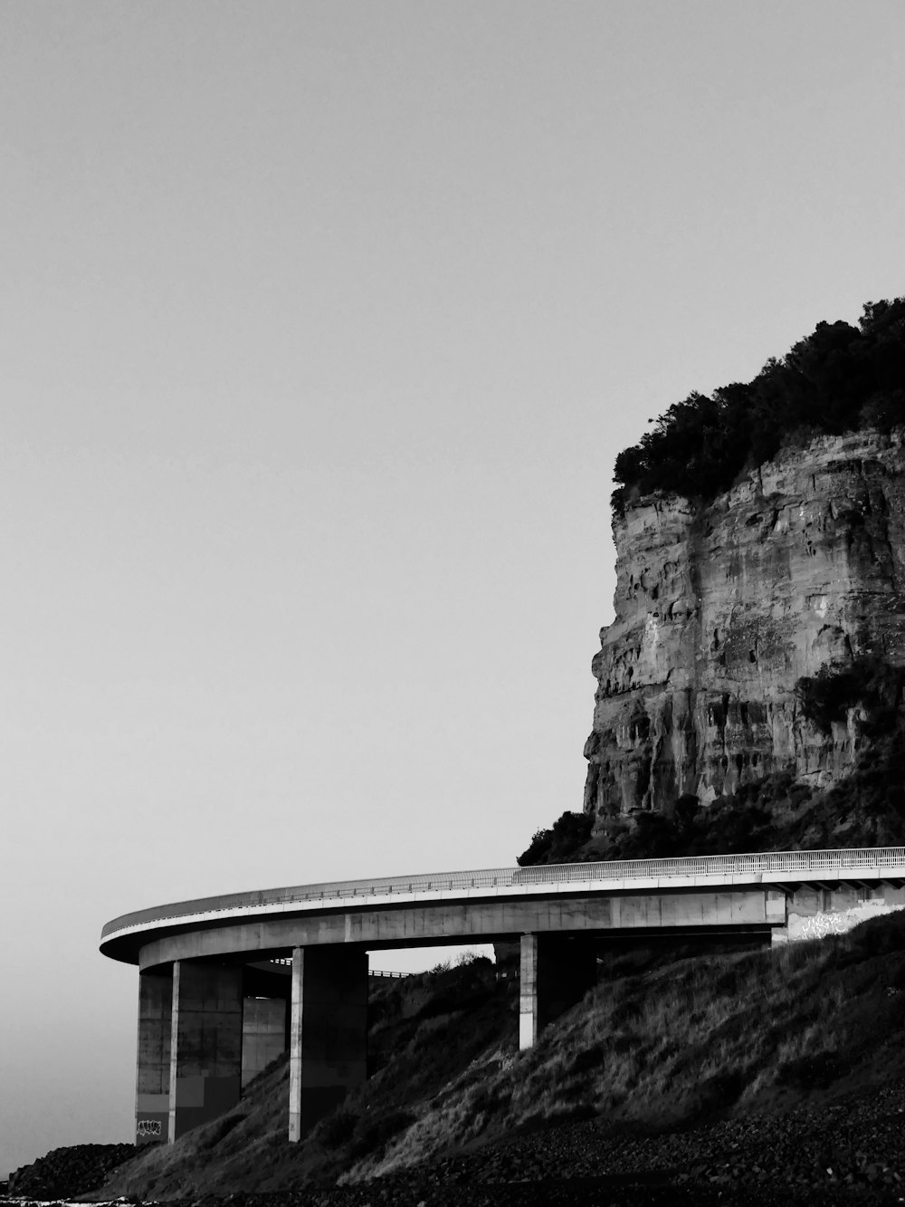 a black and white photo of a bridge and a cliff