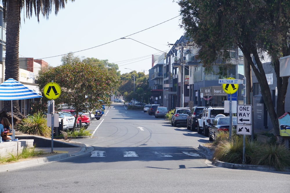 a street lined with parked cars and palm trees