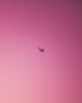 an airplane is flying in the pink sky