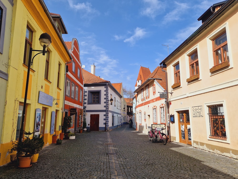 a cobblestone street in a european city