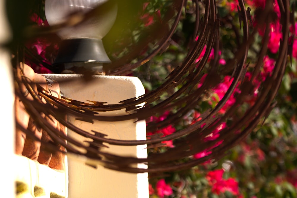 a close up of a metal object with flowers in the background
