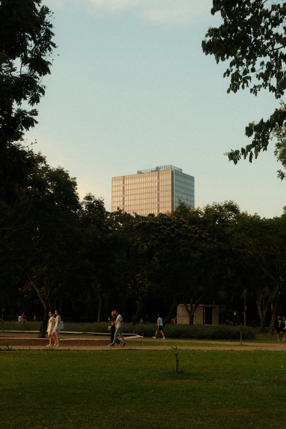 a group of people walking across a lush green park
