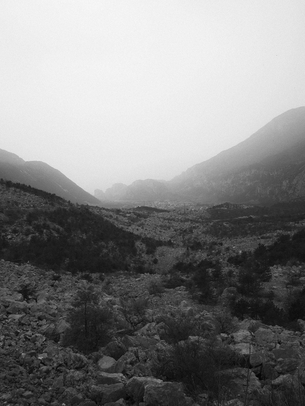 Una foto en blanco y negro de una cadena montañosa