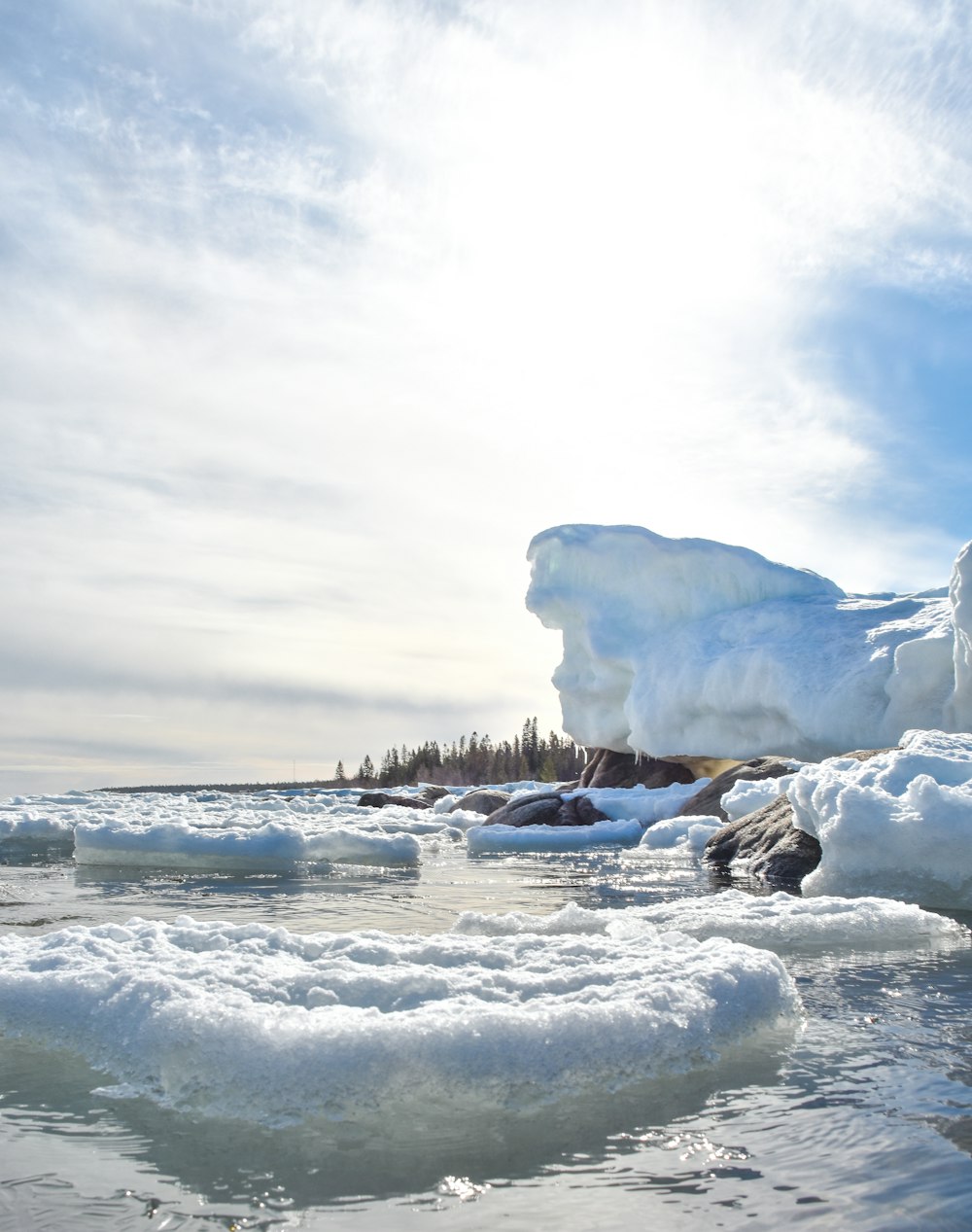 a body of water surrounded by ice and snow