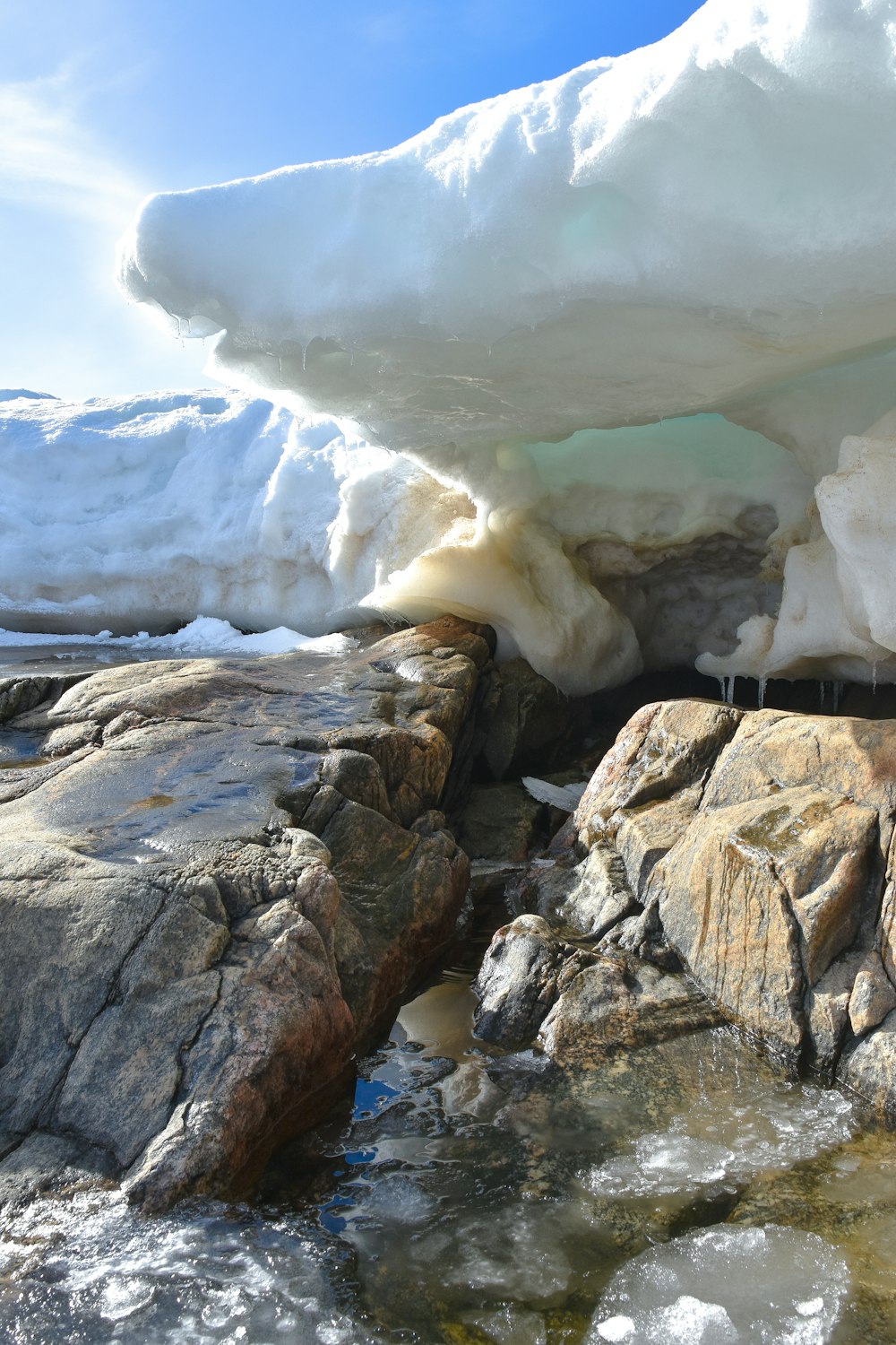 a large iceberg sitting on top of a rocky beach