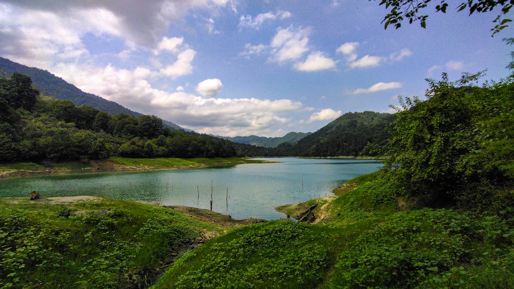 a body of water surrounded by lush green hills