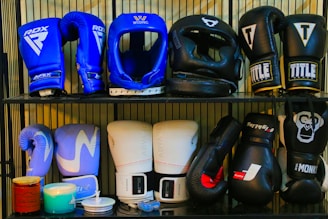 a shelf filled with lots of different types of boxing gloves