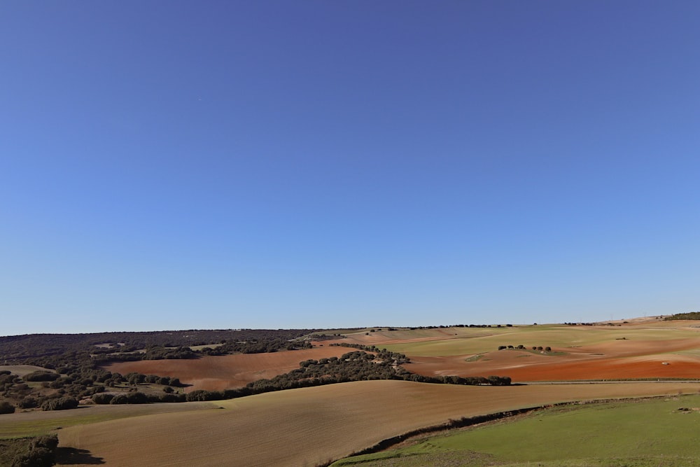 a view of a green field with a blue sky in the background