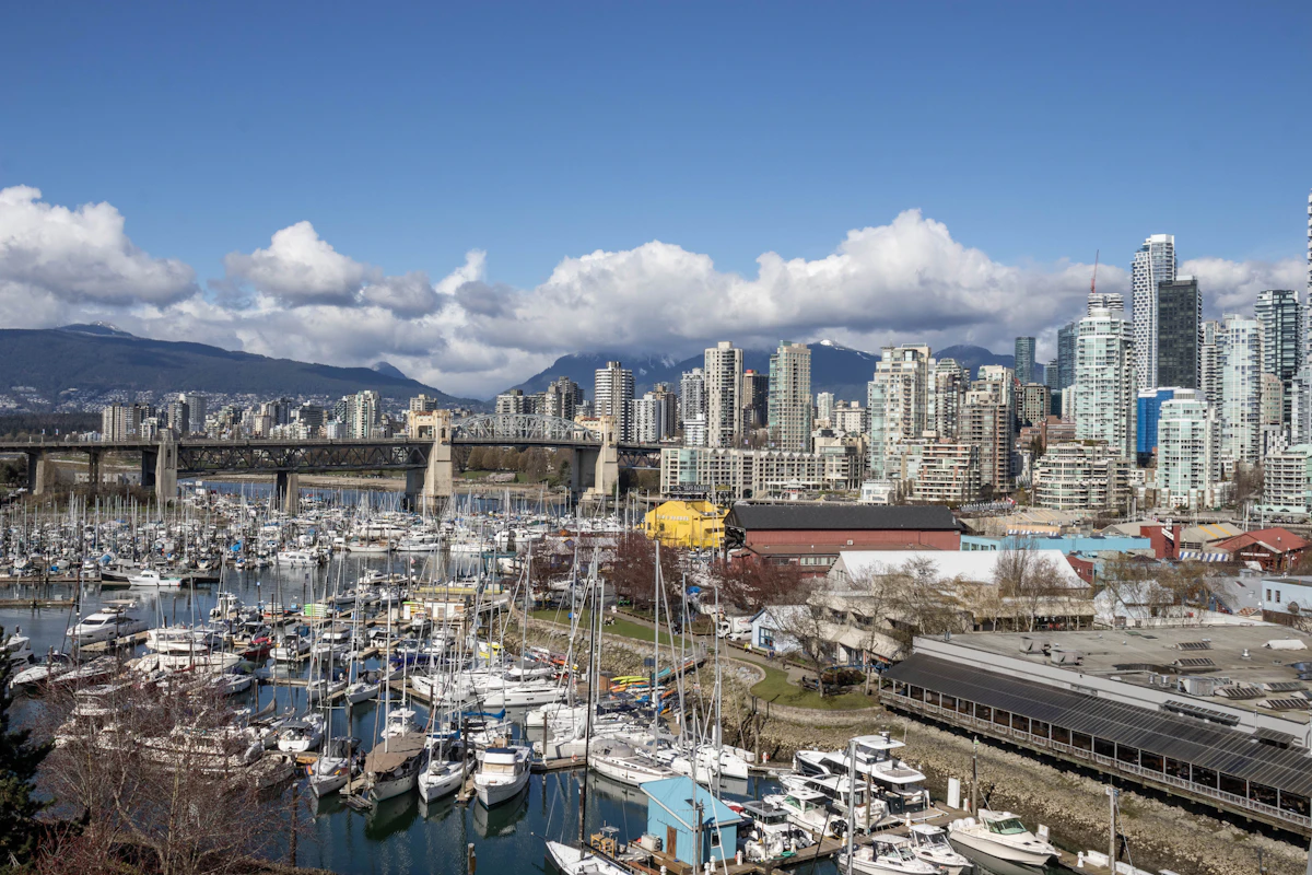 Granville Island marina on False Creek with the Burrard Bridge behind