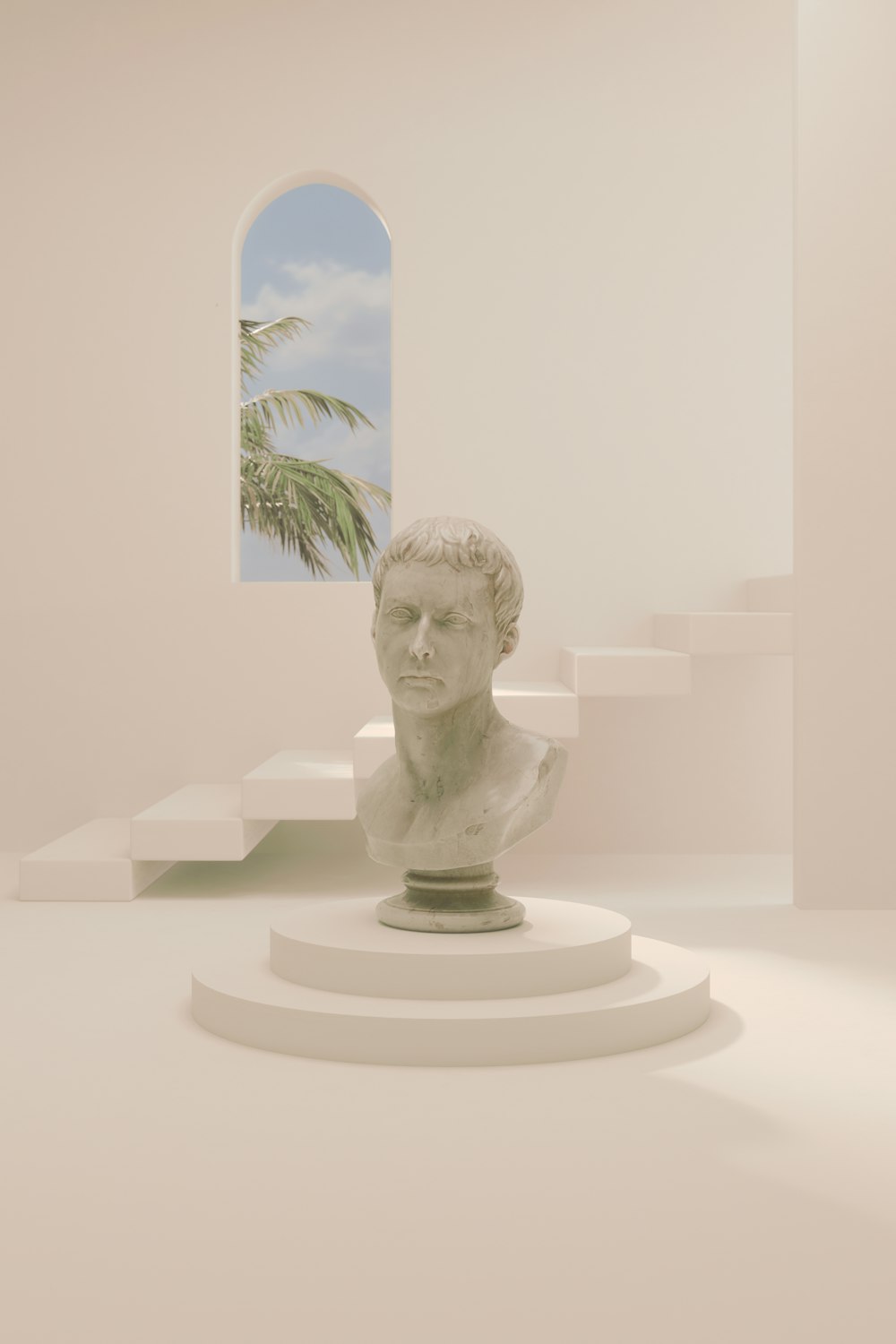 a bust of a man sitting on top of a white pedestal