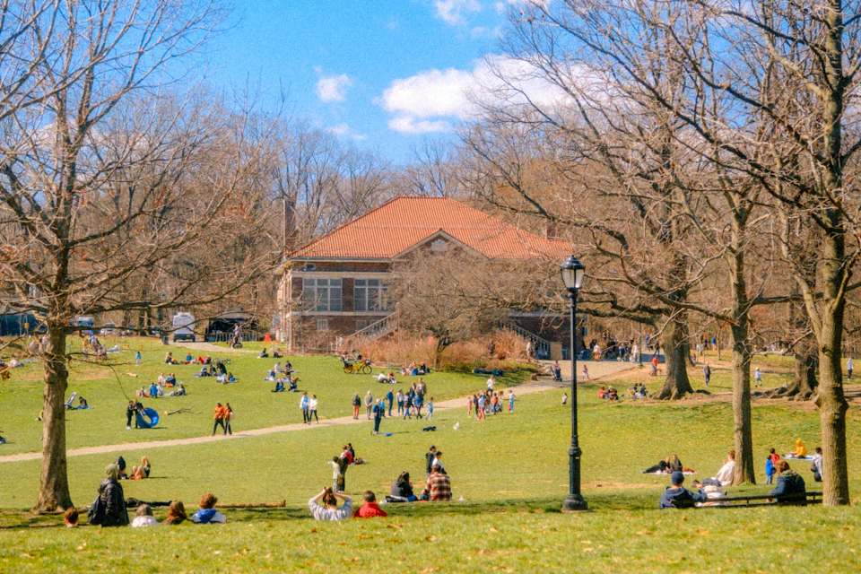 The image depicts a lively scene at a park, with people enjoying various activities on a sunny day. The park is lush and green, filled with trees that provide shade for those seeking respite from the sun. A large building can be seen in the background, adding an urban touch to the natural setting. Several individuals are scattered throughout the park, some sitting on benches while others stand or walk around. In total, there are at least 15 people visible in the image, engaged in different activities and enjoying their time outdoors.