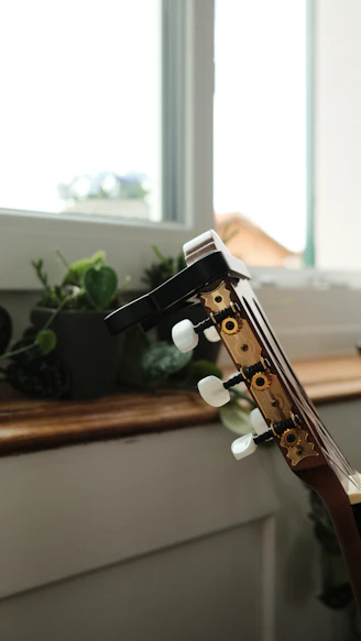 a close up of a violin on a table