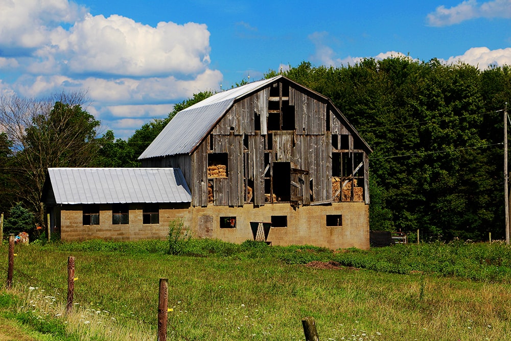 a barn in a field with a horse in the background