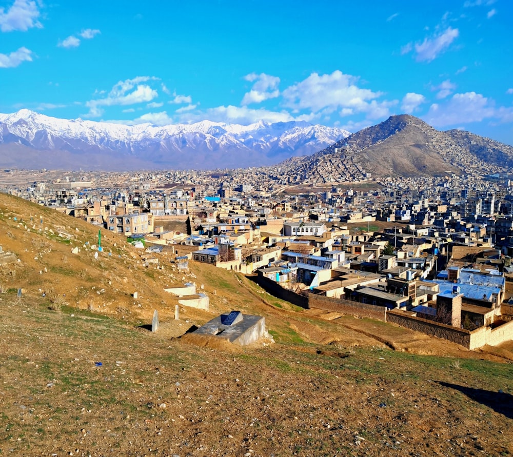 a view of a city with mountains in the background