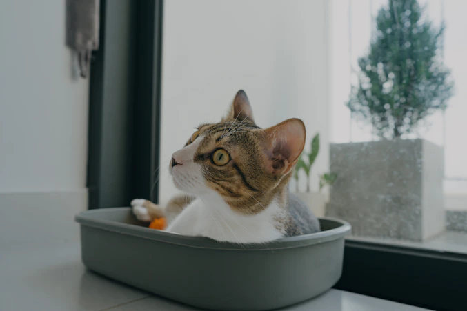 a cat sitting in a bowl looking out a window