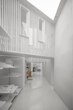 a long white hallway with a skylight above it