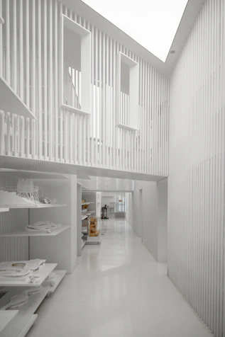 a long white hallway with a skylight above it