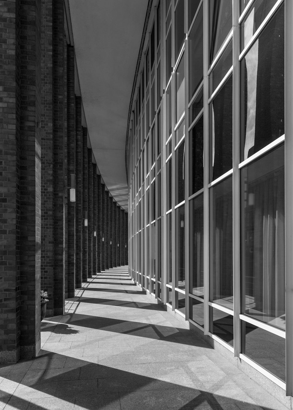 a black and white photo of a row of windows