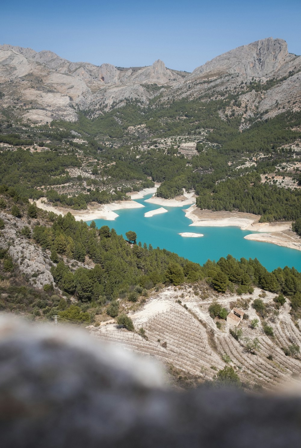 a blue lake surrounded by mountains and trees