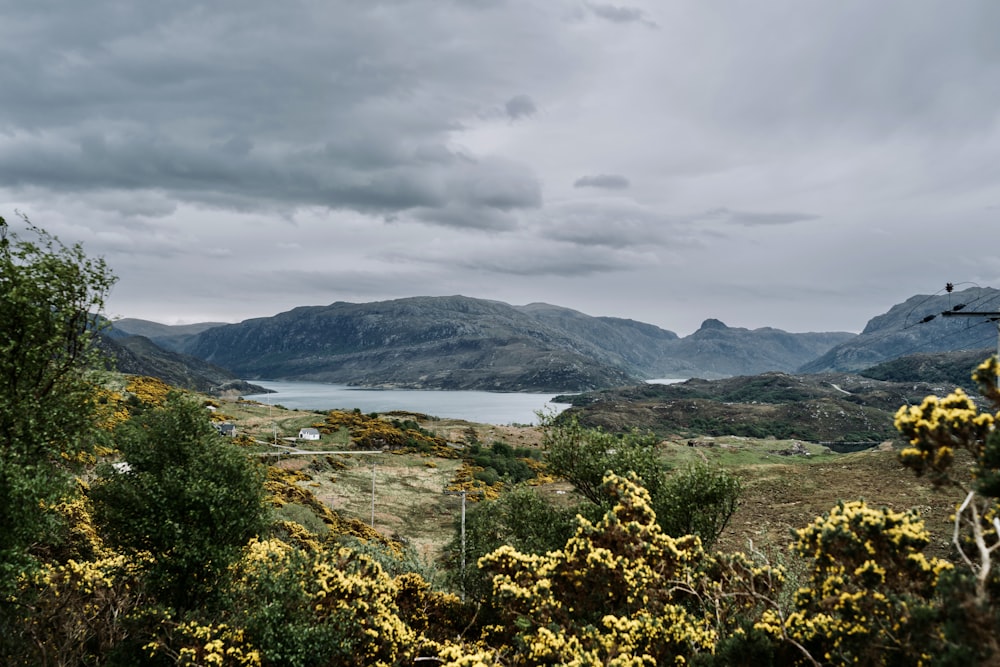 a scenic view of a lake surrounded by mountains