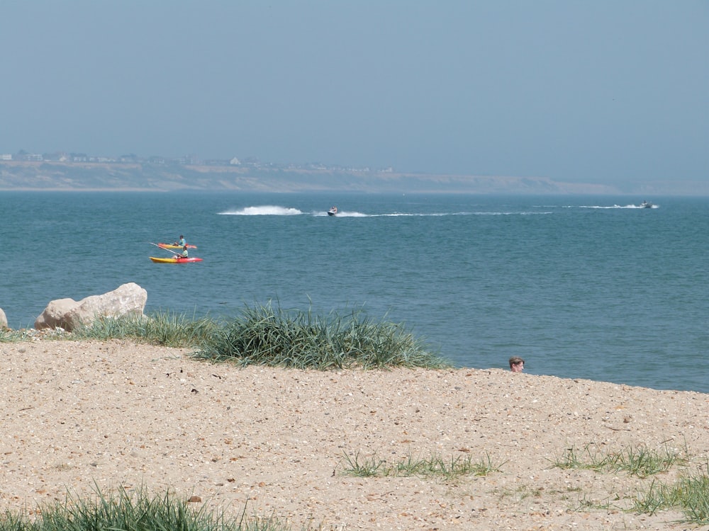 a boat is in the water near a beach