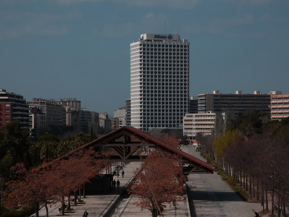 a view of a city with tall buildings in the background