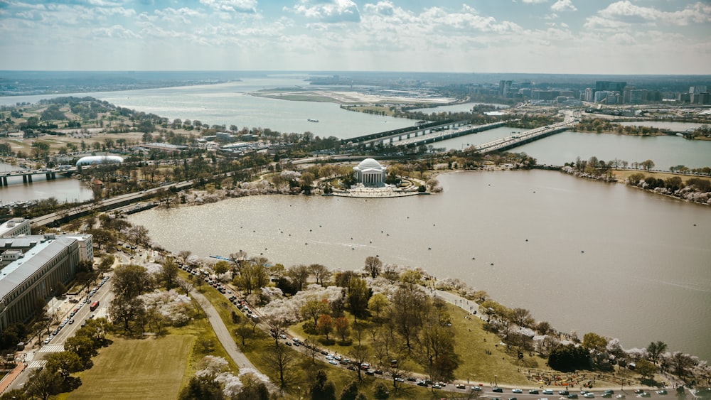 an aerial view of a large body of water