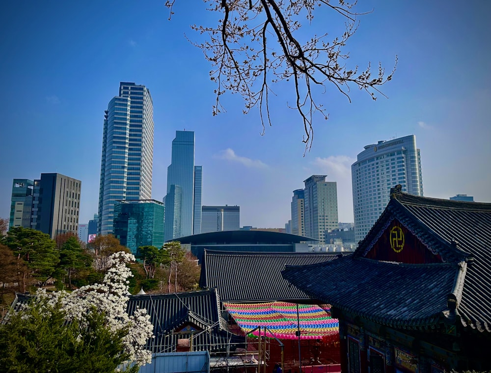 a view of a city with tall buildings in the background