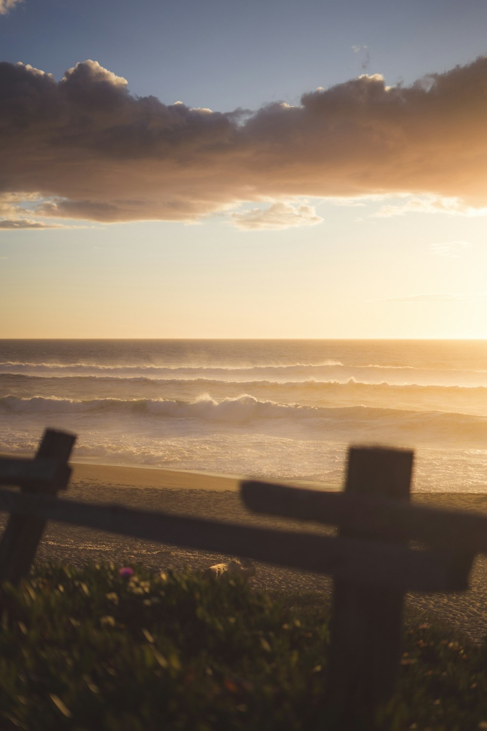 a wooden bench sitting on top of a lush green hillside