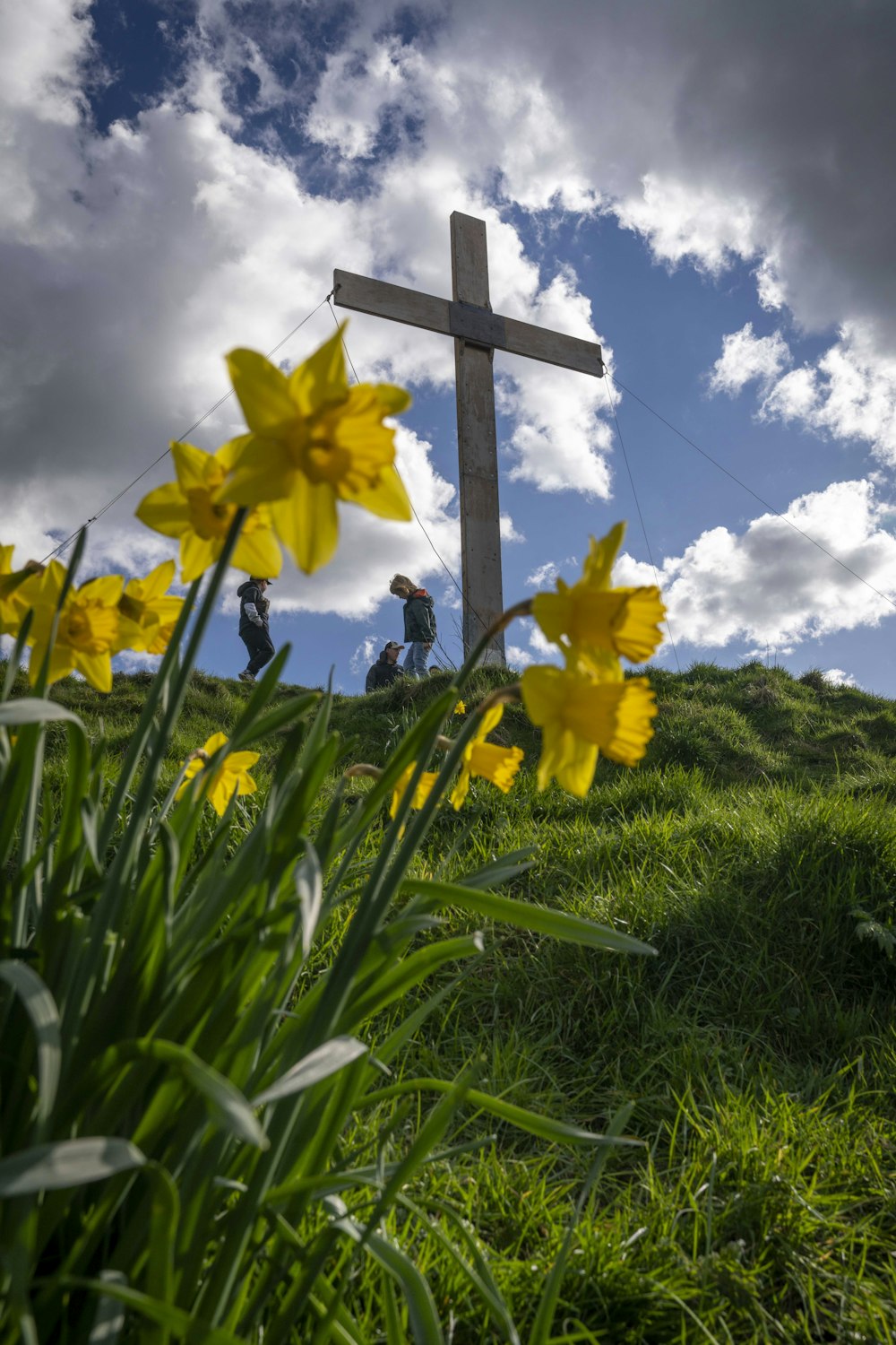 a cross on a hill with yellow flowers in the foreground