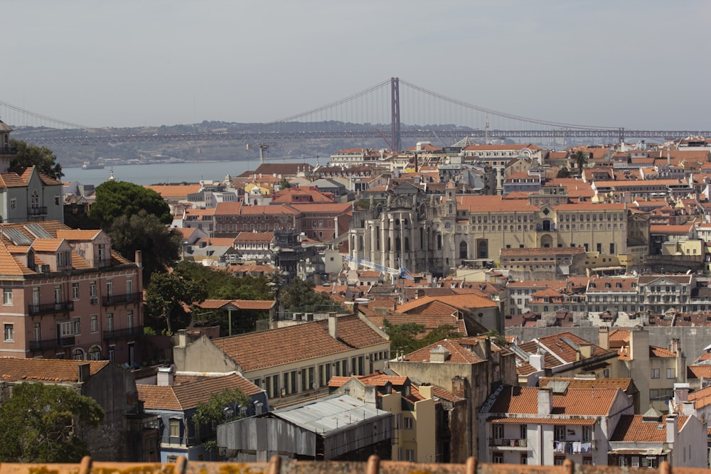 a view of a city with a bridge in the background