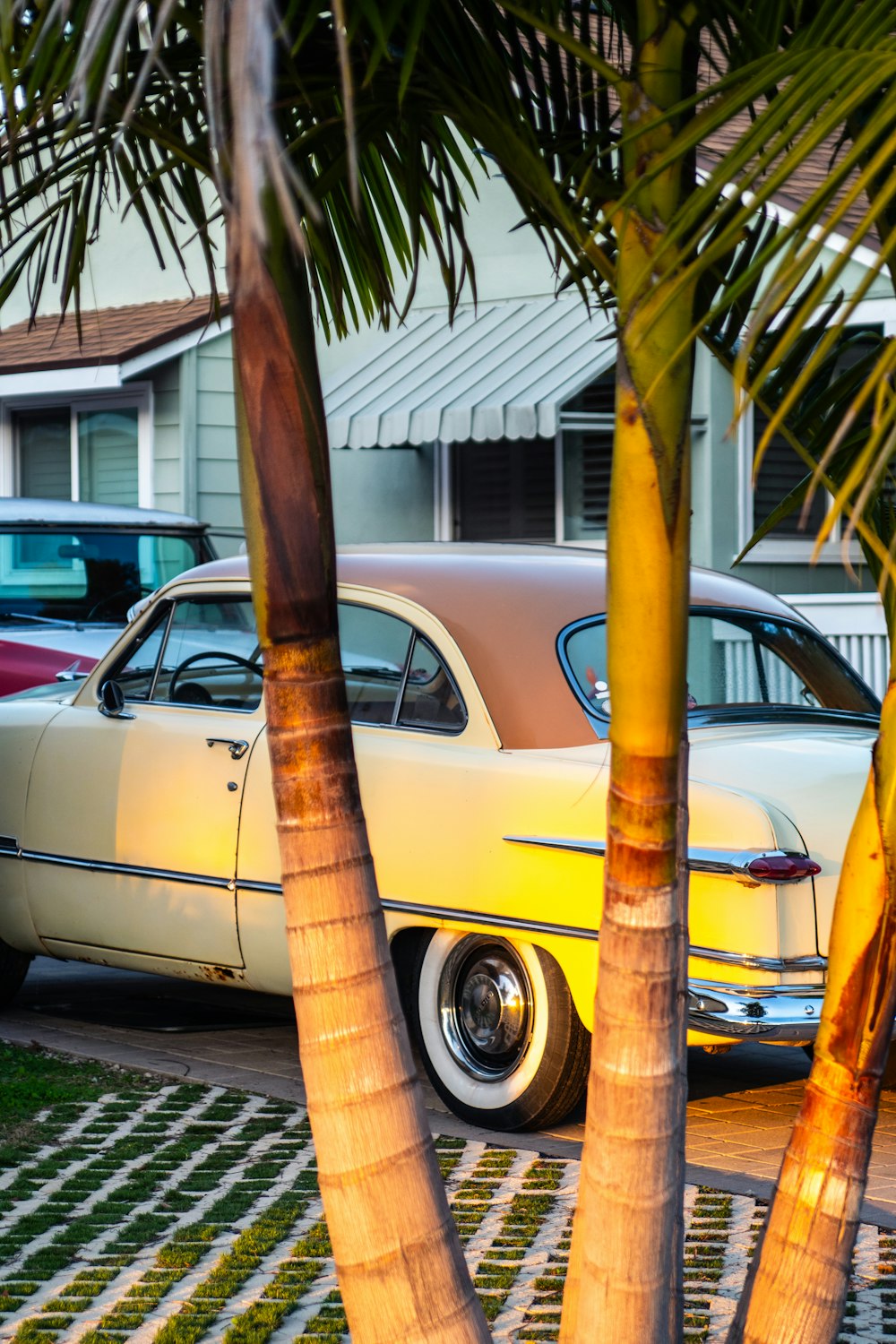 a yellow car parked next to a palm tree