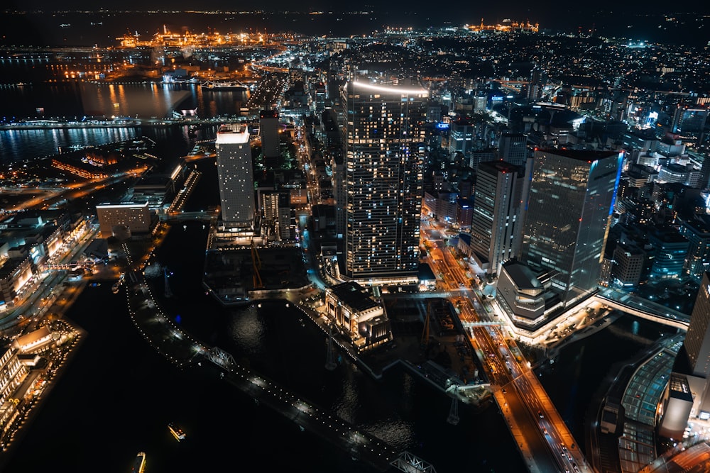 an aerial view of a city at night