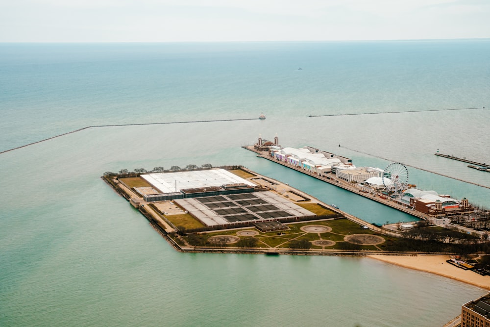 an aerial view of a large industrial port