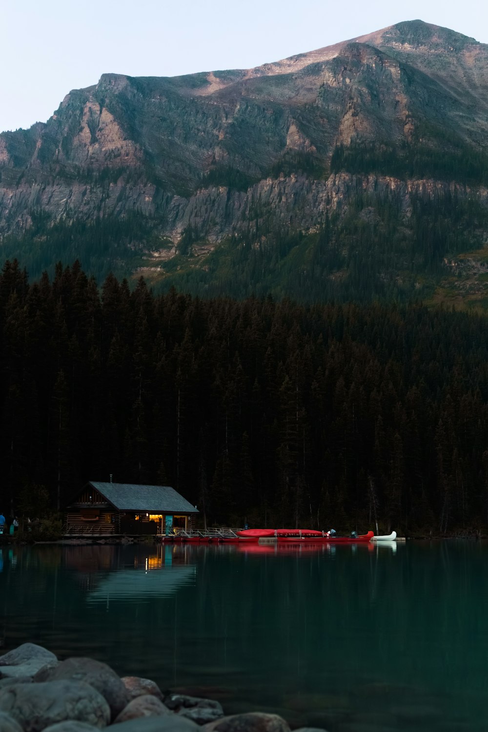 a lake with a mountain in the background